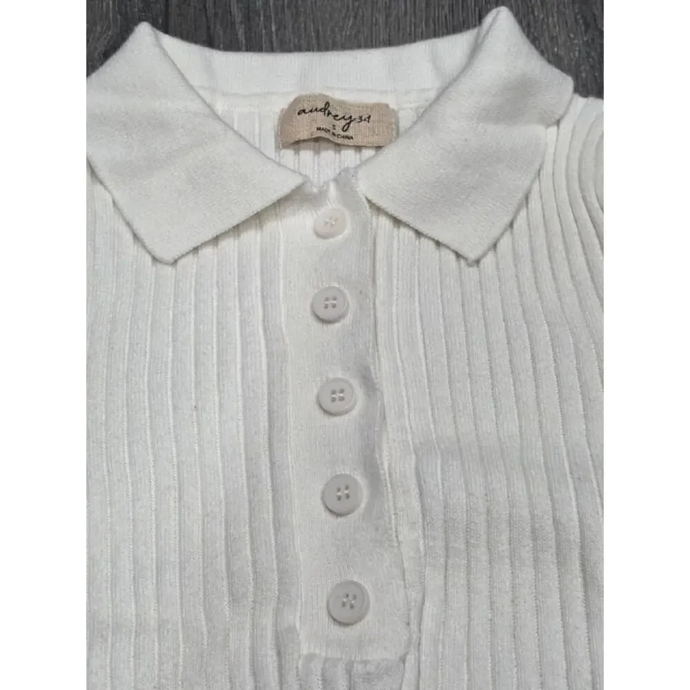 Anthropologie Audrey 3+1 short sleeve Y2K collar Polo Shirt White Small A004559